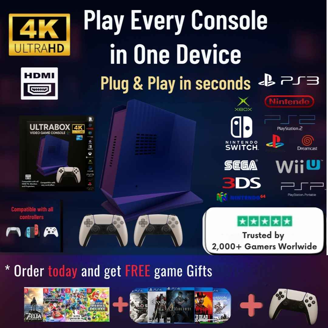Play Every Console – PS4, Xbox 360, Switch, Xbox, PS3 & 80+ Gaming Systems of All Time with 100,000 Games in One – UltraBox™ Super Console